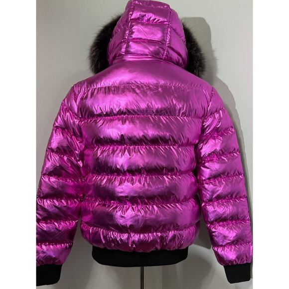 NEW Avenue George V Paris Puffer Jacket Hooded Fur Rhinestone Pink LARGE $650 - Picture 7 of 9
